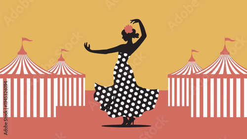 A flamenco dancer performs in front of colorful circus tents at a vibrant festival