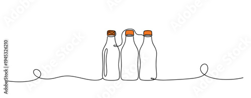 Three bottles standing together on continuous line background