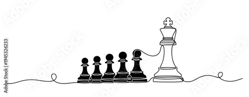 Chess king leading pawns in continuous line on white