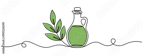 Olive oil bottle with leaves on minimal continuous line