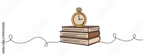 Pocket watch resting on stacked books on continuous line