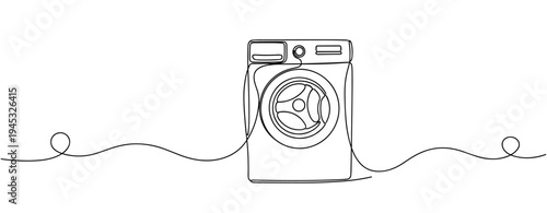 Washing machine drawn in continuous line on white background