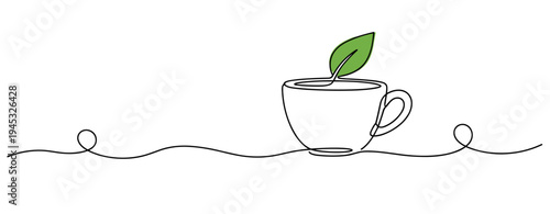 Tea cup with sprouting leaf drawn in continuous line on white