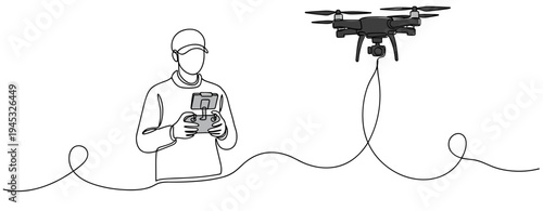 Man operating drone using remote control on white line background