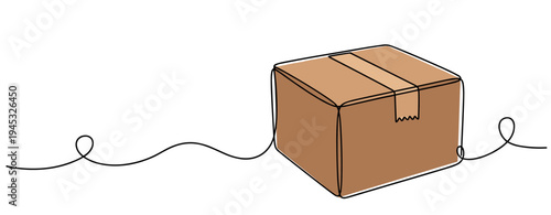 Cardboard box resting on continuous line white background