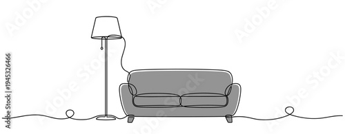 Sofa with floor lamp in minimal living room with continuous line