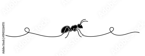 Ant walking along curved line on plain white background