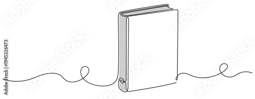 Hardcover book standing upright connected by continuous line on white