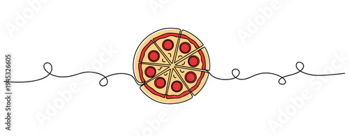 Pizza sliced and arranged on decorative continuous line background