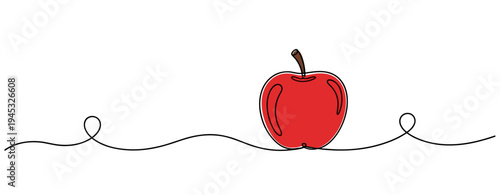 Red apple standing placed on continuous line against white