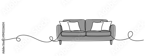 Sofa centered with cushions drawn in continuous line setting