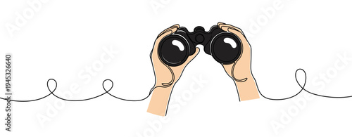Hands holding binoculars searching on white background