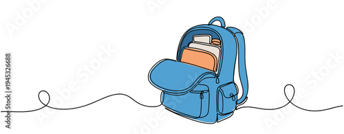 Backpack open with books and notebook on white background