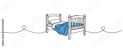 Single bed with blue blanket partially unmade on white