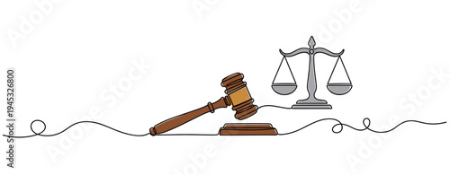 Gavel and scales representing justice on line background