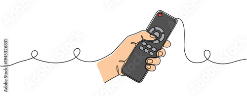 Hand holding remote control pressing button on white background