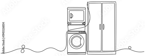 Washing machine and cabinets drawn in continuous line setting