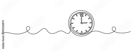 Clock showing time placed on continuous line on white background
