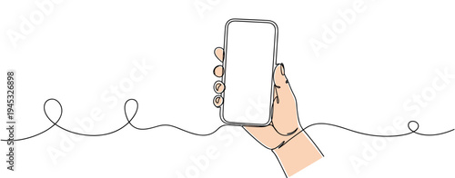 Hand holding smartphone with blank screen in continuous line