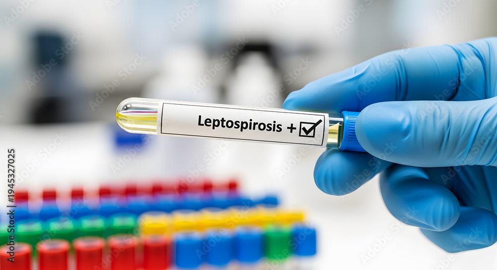Fototapeta premium Hand in blue glove holding test tube labeled Leptospirosis positive check