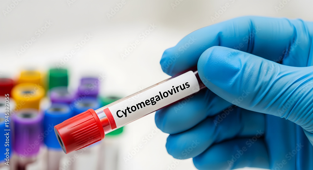 Naklejka premium Hand in blue glove holding test tube labeled Cytomegalovirus image