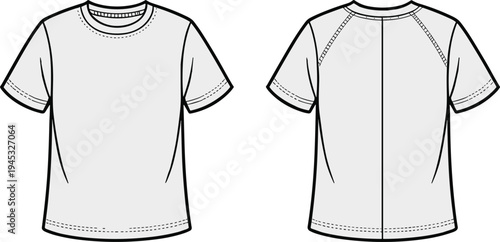 Short sleeve crew neck tshirt technical sketch front and back view vector template for fashion design