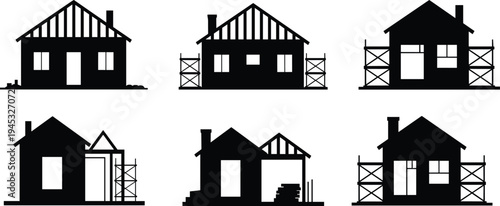 Silhouette set of various house construction phases isolated on a white background