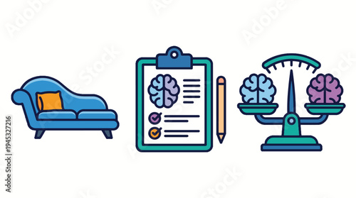 Mental Health Therapy, Psychological Assessment, and Brain Balance Concept. Icons for psychotherapy sessions, cognitive evaluation, and mental well-being, symbolizing emotional equilibrium.