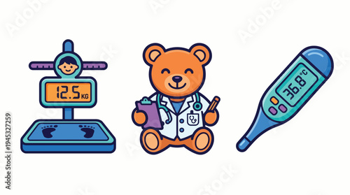 Pediatric Health Check-up Icons: Cute Doctor Bear, Baby Weight Scale, and Digital Thermometer. Vector illustration for child care, medical examination, and wellness.