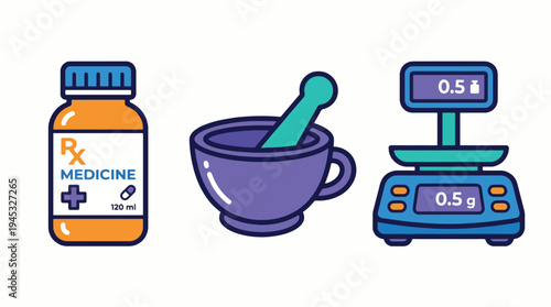 Pharmacy Tools & Medicine Icons Set: Prescription Bottle, Mortar and Pestle, Digital Scale. Healthcare, Drug Preparation & Medical Measurement Vector.