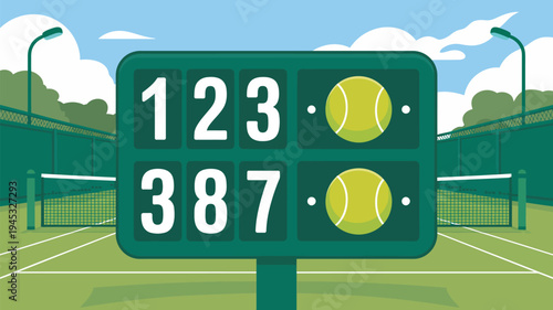 A scoreboard on a tennis court with a green scoreboard and two tennis balls