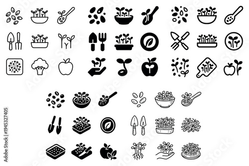 Gardening icons with seedlings bowl spoon outline