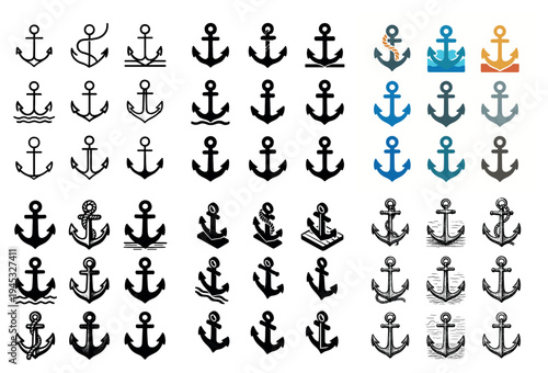 Nautical icons with anchor rope chain flat
