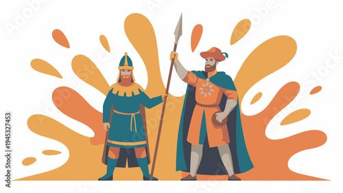 Two medieval warriors standing back to back in colorful armor and capes with a vibrant orange splash background