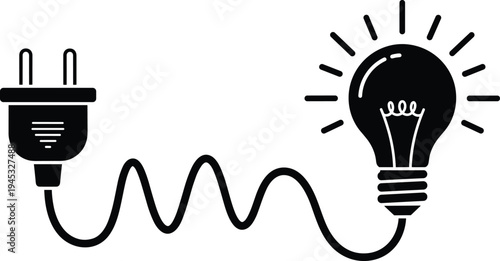 Light bulb and power plug vector illustration with wavy cable, creative idea concept, electricity symbol for innovation, technology, and energy.