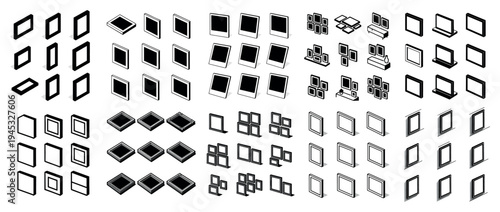 Device icons with tilted screens and stacks isometric
