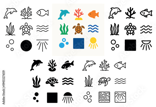 Ocean icons with dolphin turtle and coral flat