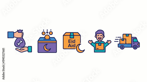 Islamic Charity and Eid Aid Vector Icons Set: Zakat, Sadaqa, Donation Box, Giving, Receiving Help, and Aid Package Delivery for Ramadan & Eid al-Fitr.