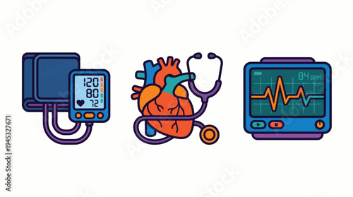 Cardiology Health Monitoring Icons Set: Blood Pressure Monitor, Human Heart with Stethoscope, and ECG Waveform Display. Medical Devices for Cardiovascular Diagnostics & Care.