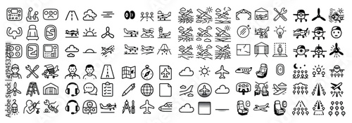 Airport icons with pilot headset and wrench outline