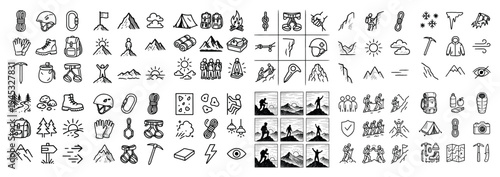 Camping icons with tent fire boot handdrawn