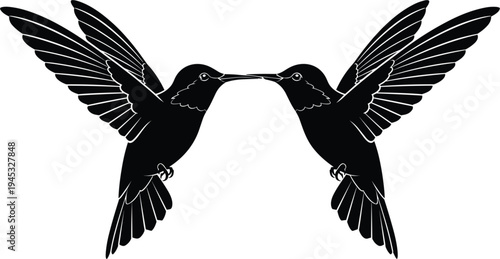 hummingbird silhouette pair illustration, flying birds symmetry design, wildlife bird icon, nature animal graphic, decorative hummingbird artwork, black bird silhouettes