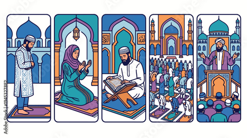 Islamic Prayer & Worship Vector Set: Muslims Praying, Reading Quran, and Attending Sermon in Mosque. Religious devotion for Ramadan, Eid al-Fitr, al-Adha.