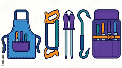 Professional Butchery Tools Vector Set. Flat Design Illustration of Meat Processing Equipment: Apron, Saw, Knife Sharpeners, Butcher Hook, and Knife Roll.