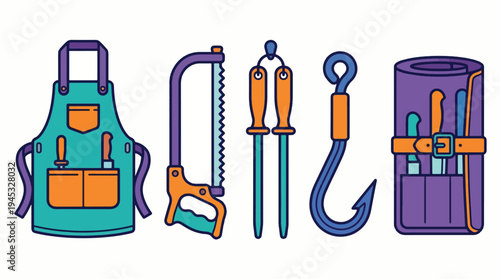 Butcher Tools Set Vector Illustration. Professional Meat Processing Equipment including Apron, Boning Saw, Sharpening Steels, Meat Hook, and Knife Roll.