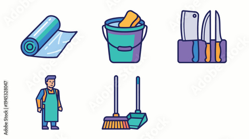 Kitchen and Cleaning Service Icons Set: Food Preparation Tools, Housekeeping Supplies, and Professional Staff Vector Illustrations