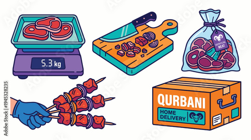 Qurbani Meat Processing and Delivery set. Fresh raw meat weighing, cutting, skewering, packaging, and home delivery box illustration, ideal for Eid Al-Adha themes.