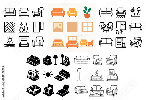 Interior icons with sofa armchair lamp modern outline