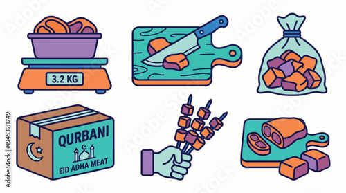 Qurbani Eid al-Adha Meat Sacrifice Vector Icons Set. Collection of Islamic Festival of Sacrifice Food Preparation and Distribution Graphics for Muslim Community.