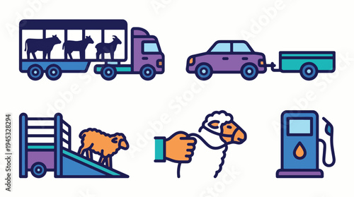 Livestock Transport, Farm Animal Loading, Car with Trailer & Fuel Pump Vector Icons. Agricultural Logistics, Animal Hauling & Vehicle Related Symbols Set.